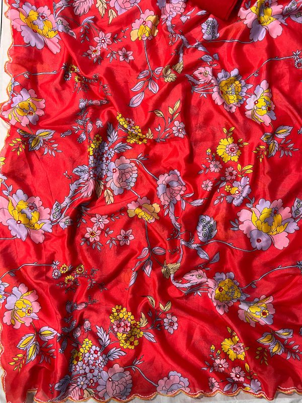 Red Vichitra Silk Digital Prints Mirror Sequence Work Saree - Image 3