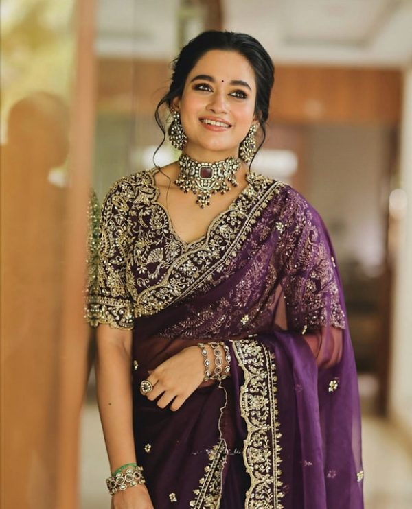Purple Soft Organza Silk Thread Sequence Work Saree - Image 2