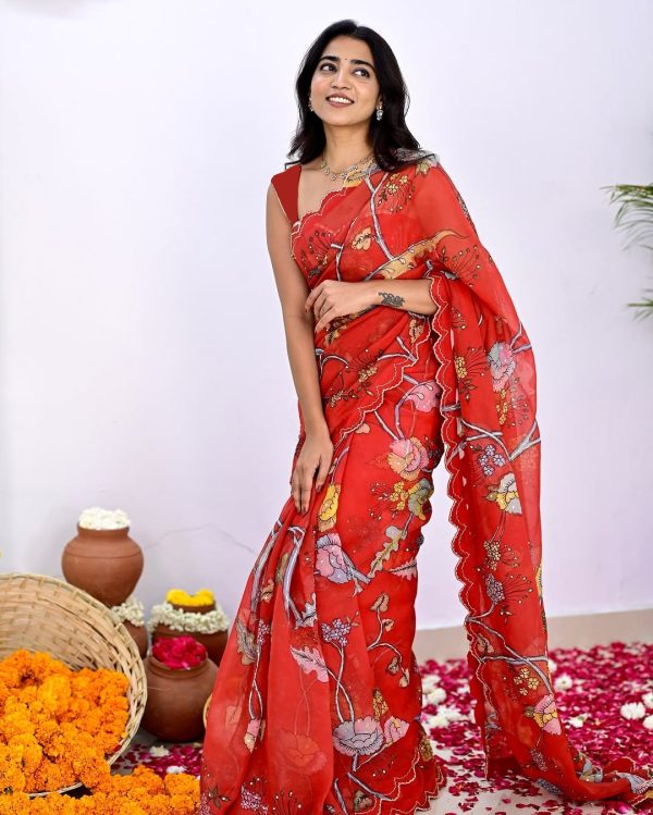 Red Vichitra Silk Digital Prints Mirror Sequence Work Saree - Image 4