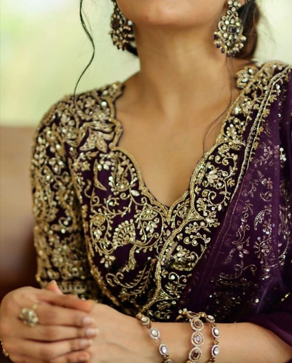 Purple Soft Organza Silk Thread Sequence Work Saree - Image 3