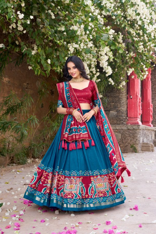 Superb Blue Color Tushar Silk Patola Printed Lehenga Choli