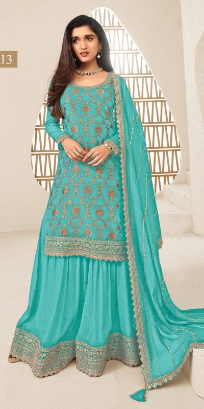 Superb Firozi Color Jacquard Silk Chinon Multi Work Salwar Suit