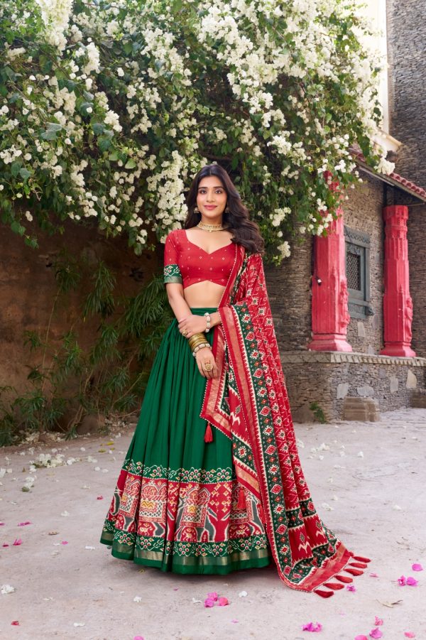Green Tushar Silk Patola Printed Lehenga Choli - Image 4