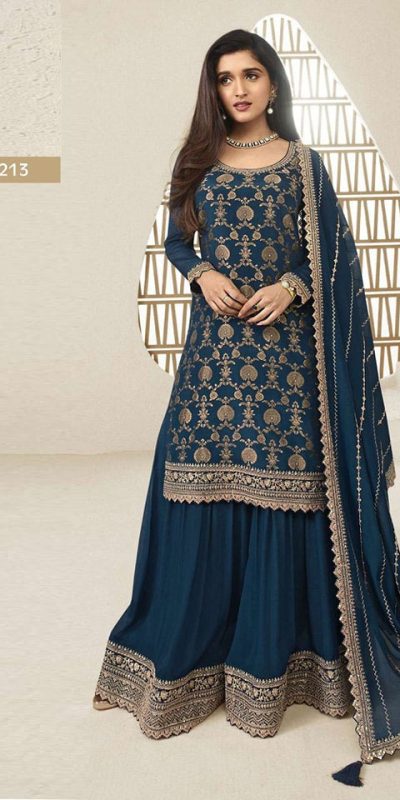 Superb Navy Blue Color Jacquard Silk Chinon Multi Work Salwar Suit