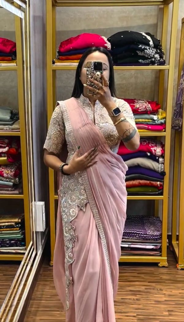 Pink Chinon Embroidery Work Ready To Wear Saree - Image 2