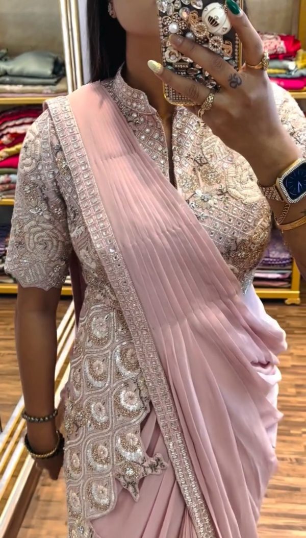 Pink Chinon Embroidery Work Ready To Wear Saree - Image 3