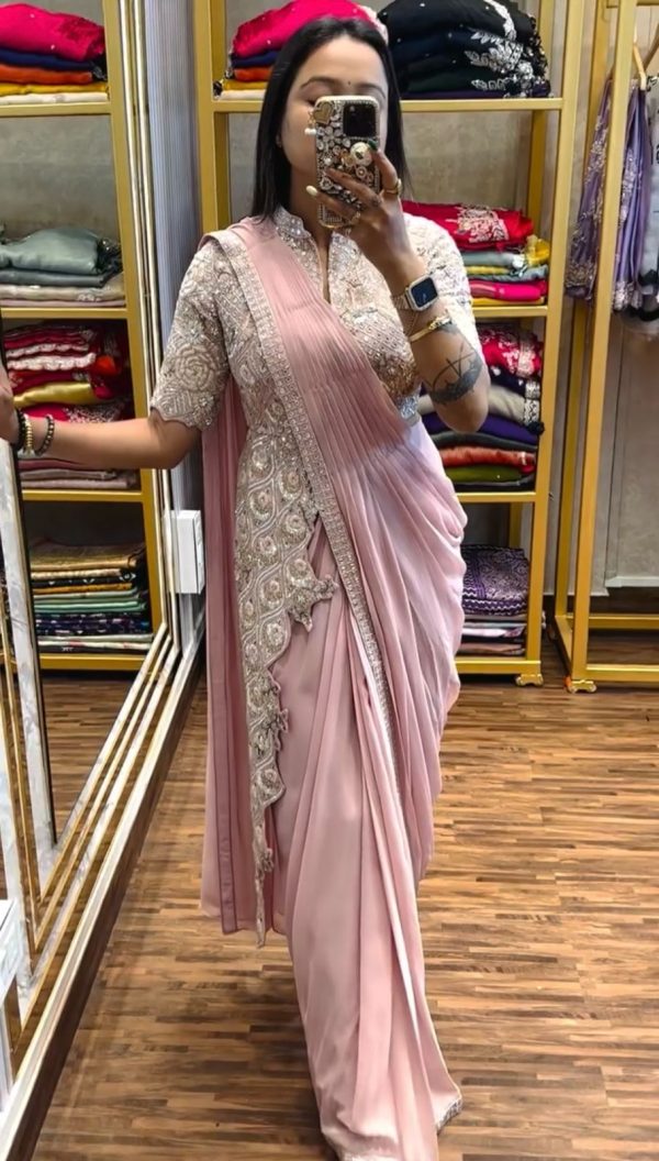 Pink Chinon Embroidery Work Ready To Wear Saree - Image 4