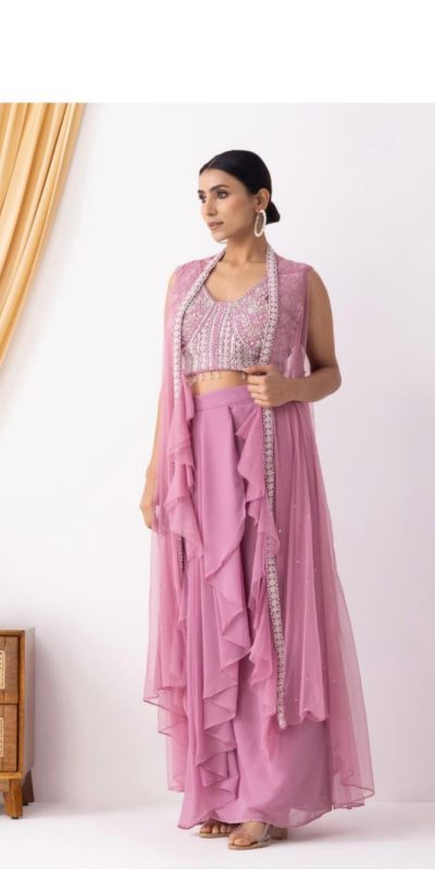 Superb Pink Color Georgette Beads Sequence Work Lace Dhoti Suit