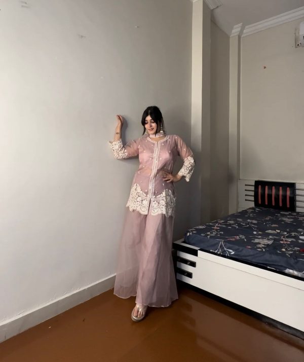 Pink Organza Sequence Work Indo-Western Suit - Image 2