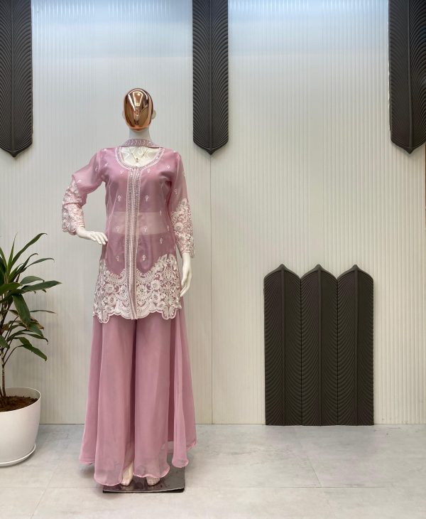Pink Organza Sequence Work Indo-Western Suit - Image 3