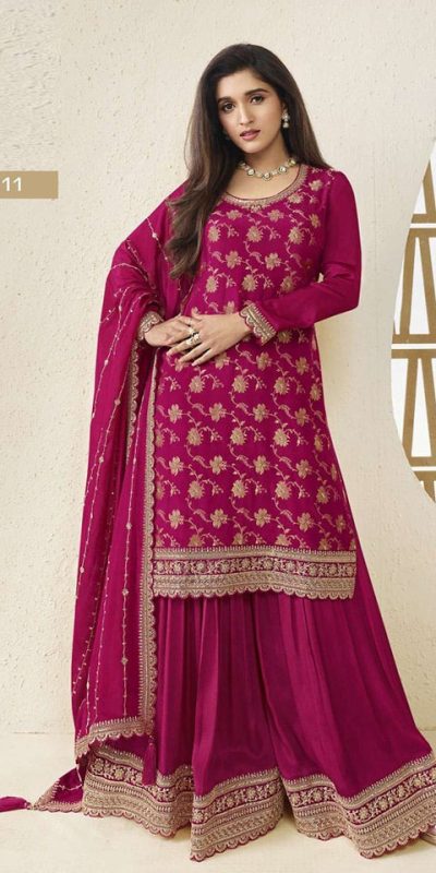 Superb Rani Pink Color Jacquard Silk Chinon Multi Work Salwar Suit