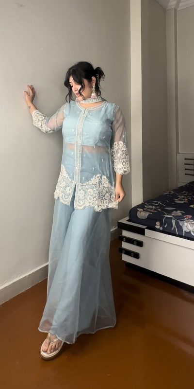 Superb Sky Blue Color Organza Sequence Work Indo-Western Suit