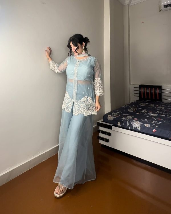 Superb Sky Blue Color Organza Sequence Work Indo-Western Suit