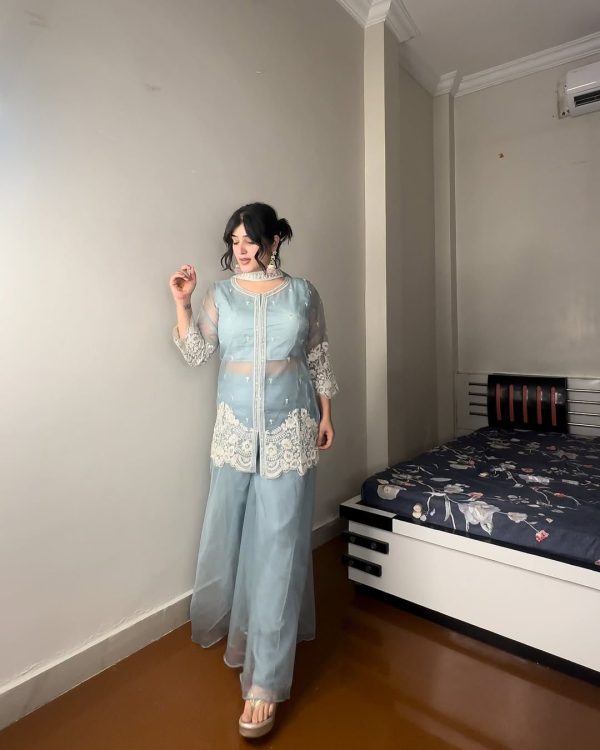 Sky Blue Organza Sequence Work Indo-Western Suit - Image 2