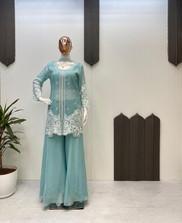 Sky Blue Organza Sequence Work Indo-Western Suit - Image 3