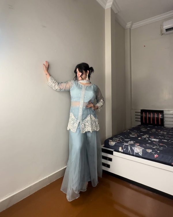 Sky Blue Organza Sequence Work Indo-Western Suit - Image 5