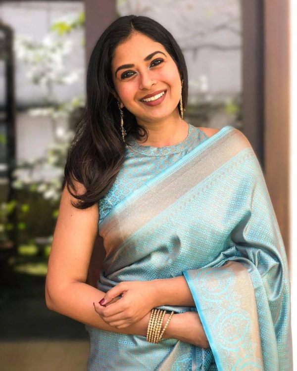 Sky Blue Soft Litchi Silk Jacquard Work On All Over Saree - Image 3