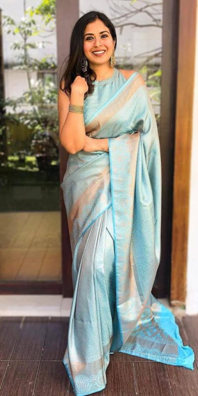 Superb Sky Blue Color Soft Lichi Silk Jacquard Work On All Over Saree