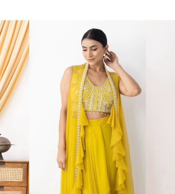 Yellow Georgette Beads Sequence Work Lace Dhoti Suit - Image 2