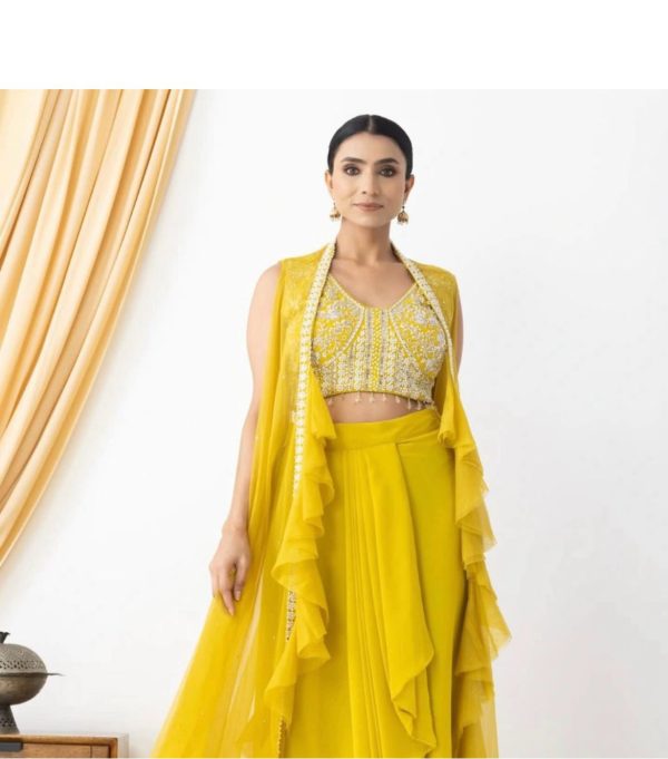 Yellow Georgette Beads Sequence Work Lace Dhoti Suit - Image 3