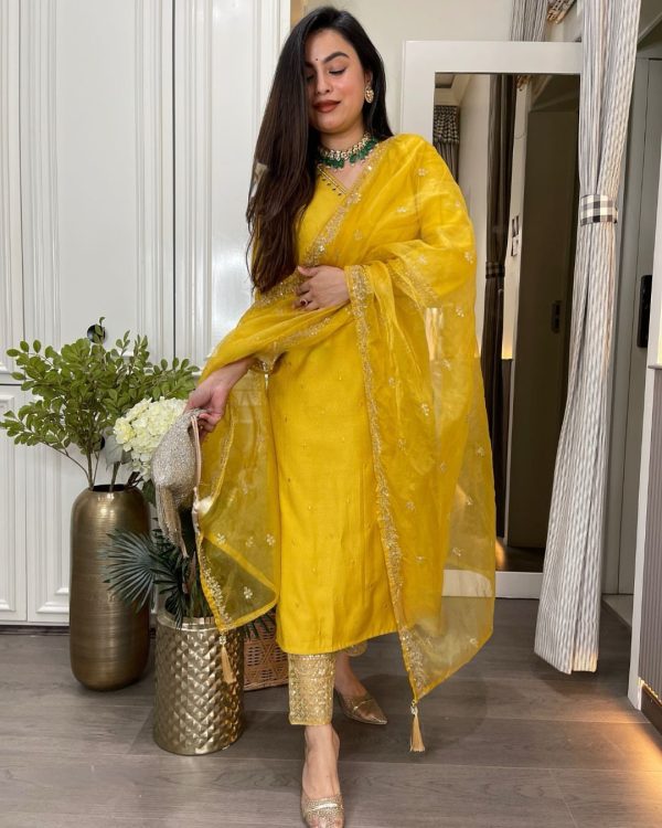 Yellow Roman Silk Sequence With Mirror Work Salwar Suit - Image 3