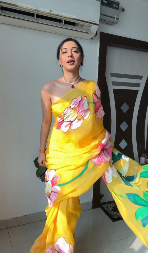 Yellow Soft Organza Silk Ready To Wear Saree - Image 2