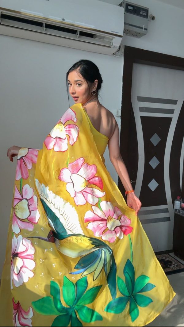 Yellow Soft Organza Silk Ready To Wear Saree - Image 3