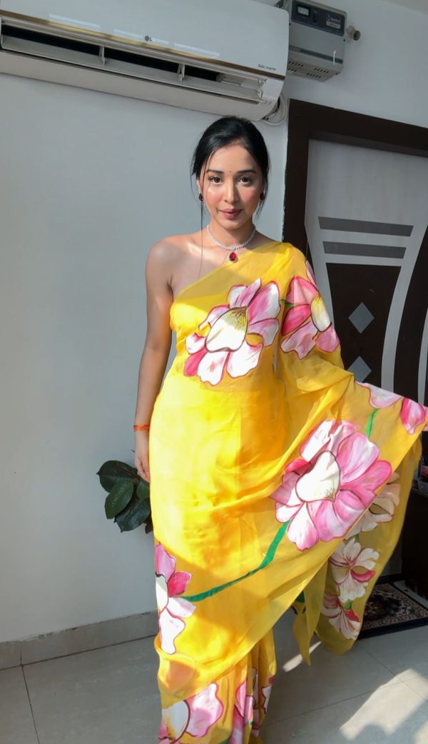 Yellow Soft Organza Silk Ready To Wear Saree - Image 4