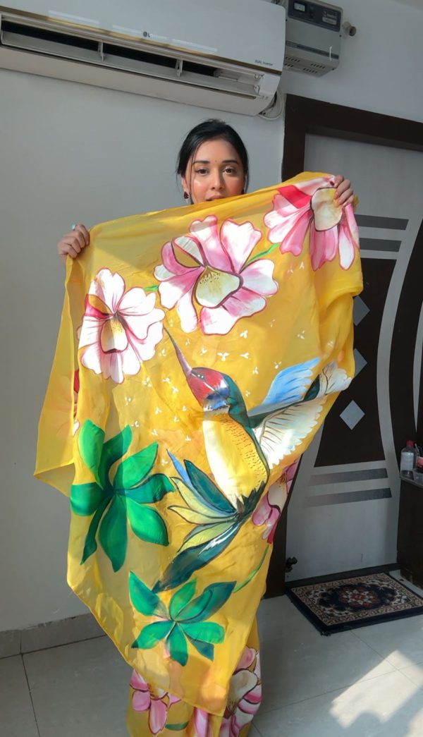 Yellow Soft Organza Silk Ready To Wear Saree - Image 5