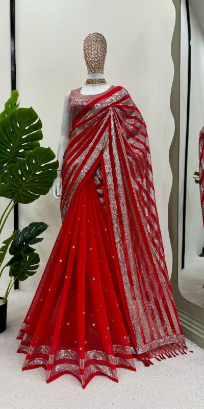 Traditional Red Color Georgette Thread Sequence Work Saree