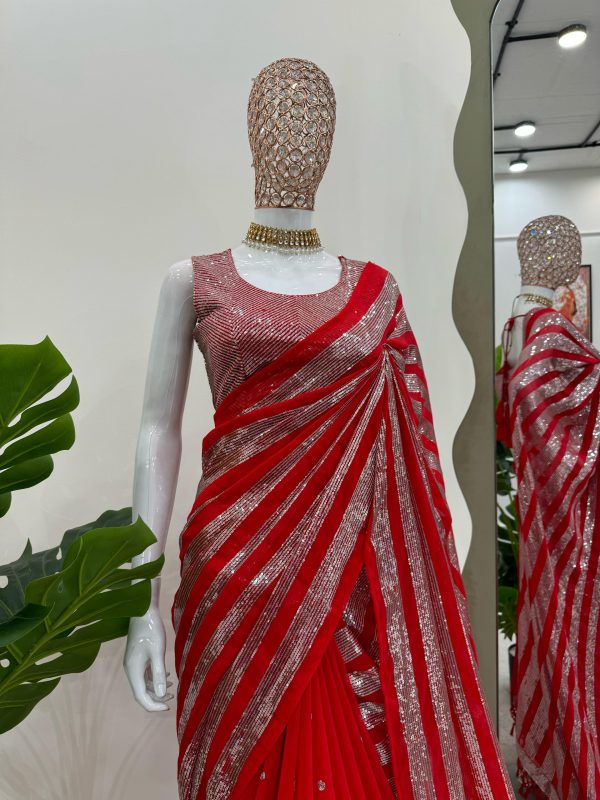 Red Georgette Thread Sequence Work Saree - Image 2