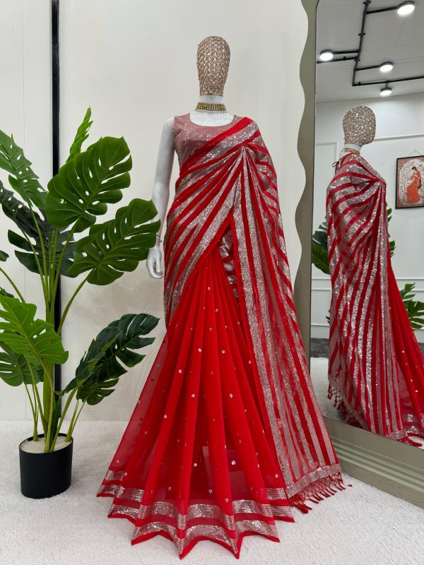 Red Georgette Thread Sequence Work Saree - Image 3