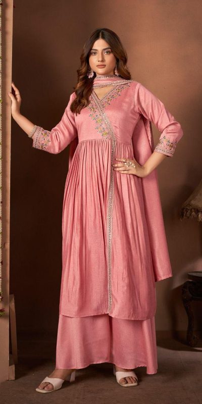Trendy Peach Color Vichitra Silk Embroidery Work Salwar Suit