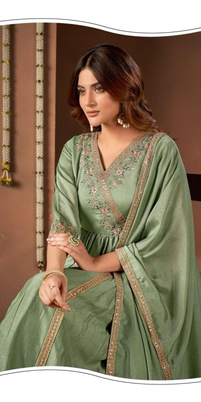 Trendy Pista Color Vichitra Silk Embroidery Work Salwar Suit