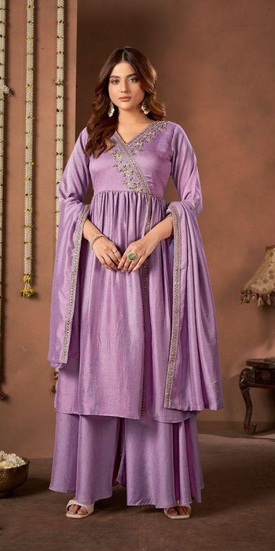 Trendy Purple Color Vichitra Silk Embroidery Work Salwar Suit