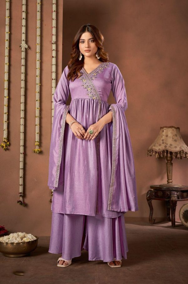 Trendy Purple Color Vichitra Silk Embroidery Work Salwar Suit