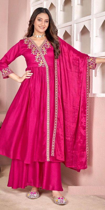 Trendy Rani Pink Color Vichitra Silk Embroidery Work Salwar Suit