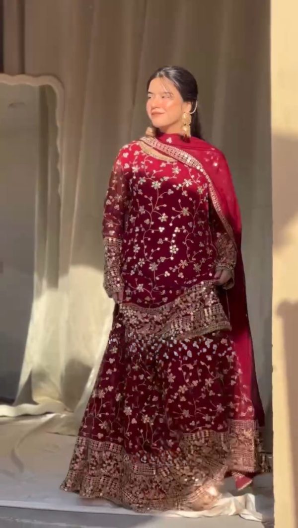 Red Georgette Thread 9mm Sequence Salwar Suit - Image 2