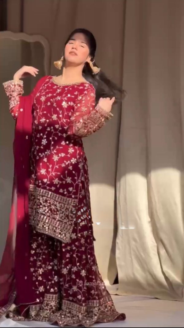 Red Georgette Thread 9mm Sequence Salwar Suit - Image 3
