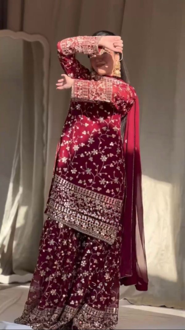 Red Georgette Thread 9mm Sequence Salwar Suit - Image 4