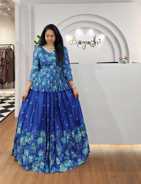 Royal Blue Chinon Digital Print Lehenga Choli - Image 3
