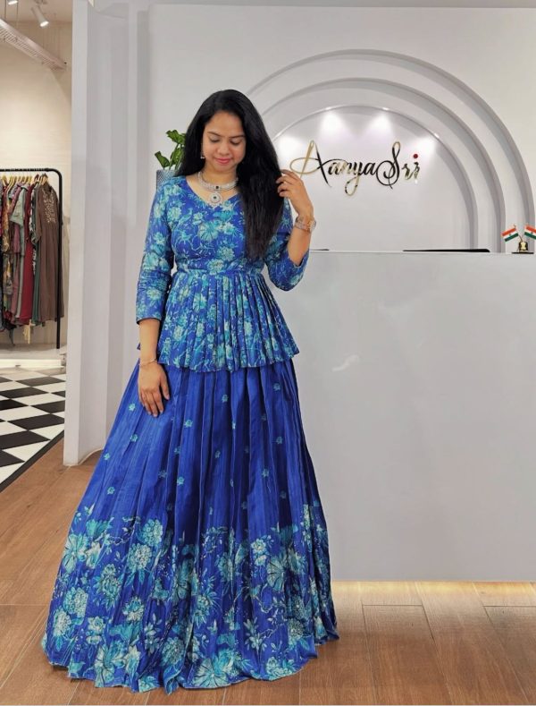 Royal Blue Chinon Digital Print Lehenga Choli - Image 2