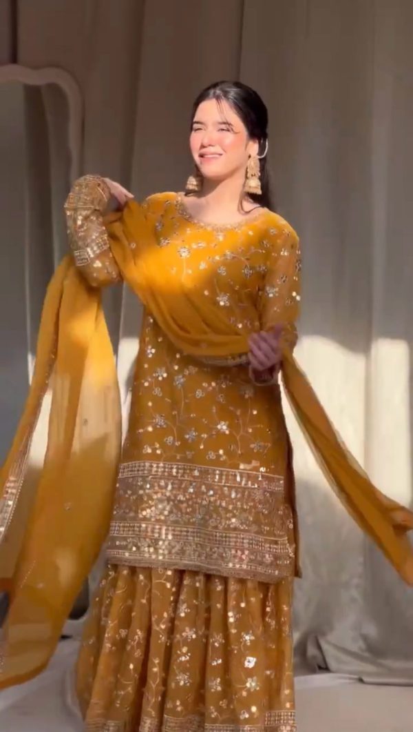 Yellow Georgette Thread 9mm Sequence Salwar Suit - Image 3