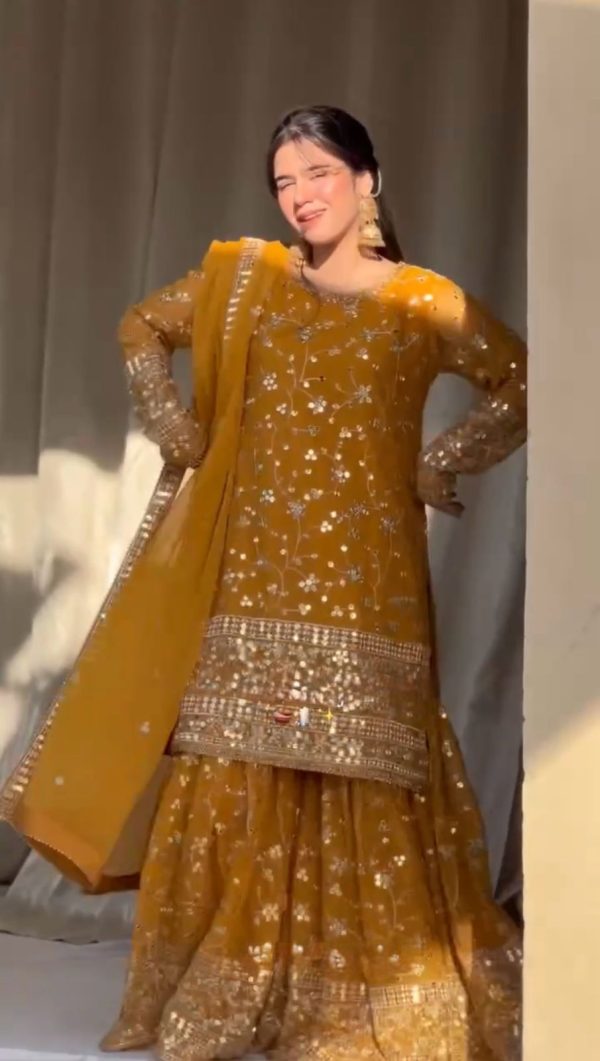 Yellow Georgette Thread 9mm Sequence Salwar Suit - Image 4