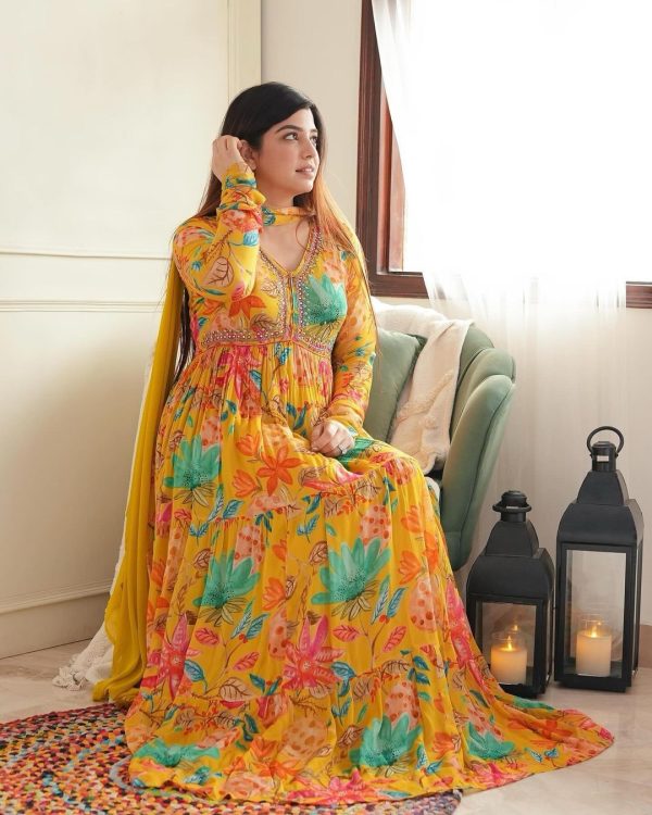 Yellow Foix Georgette Sequence Work With Gown - Image 2