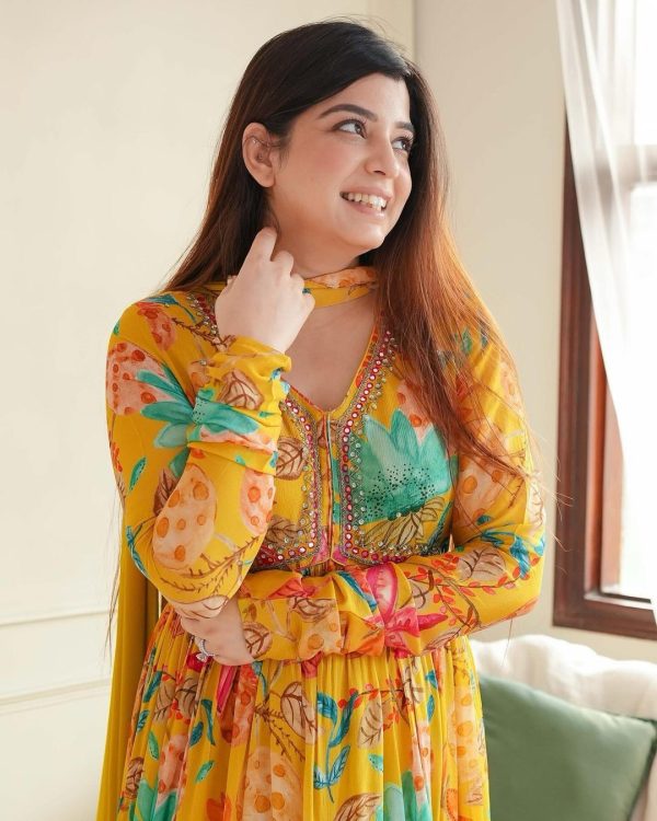 Yellow Foix Georgette Sequence Work With Gown - Image 3