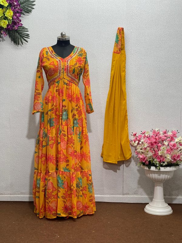Yellow Foix Georgette Sequence Work With Gown - Image 4