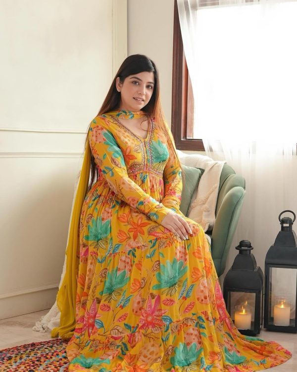 Yellow Foix Georgette Sequence Work With Gown - Image 5