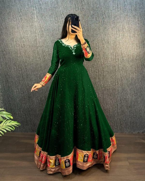 Green Georgette Wide Sequence Work Anarkali Gown - Image 2