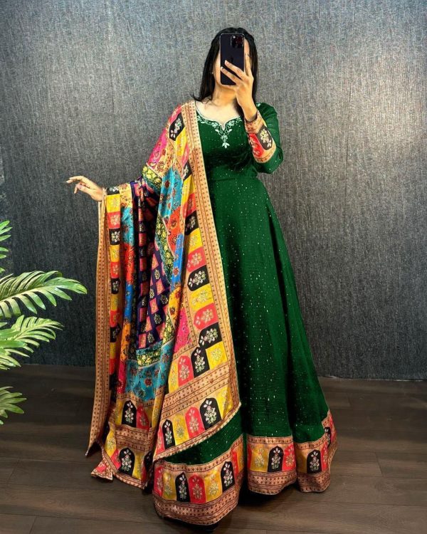 Green Georgette Wide Sequence Work Anarkali Gown - Image 3